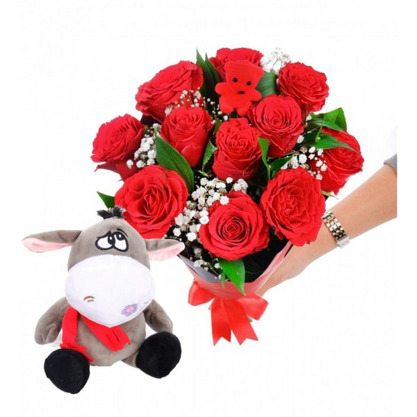 PELUŞ EŞEKLİ KIRMIZI GÜLLERDEN BUKET 11'Lİ